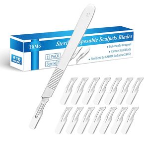 15 Pack Surgical Blades #10 Round with Stainless Steel Scalpel Handle, High Carbon Steel Dermablade Blades Individually Wrapped Sterile for Dermaplaining, Podiatry, Crafts & More