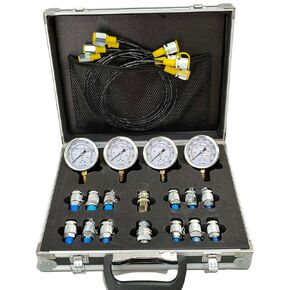 Hydraulic Pressure Test Kit, 10/100/250/400/600bar, 150/1500/4000/6000/9000PSI, 5 Gauges 14 Test Couplings 14 Tee Connectors 5 Test Hoses, Hydraulic Gauge Kit with Sturdy Carrying Case for Excavator