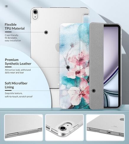 حافظة MoKo تناسب iPad Air الجيل الخامس/الرابع مقاس 10.9 بوصات 2022/2020، غطاء حامل ثلاثي الطي نحيف مع ظهر بلوري ناعم، تنبيه/غفو تلقائي، يدعم معرف اللمس وشحن قلم iPad الثاني، زهور عطرة in Kuwait