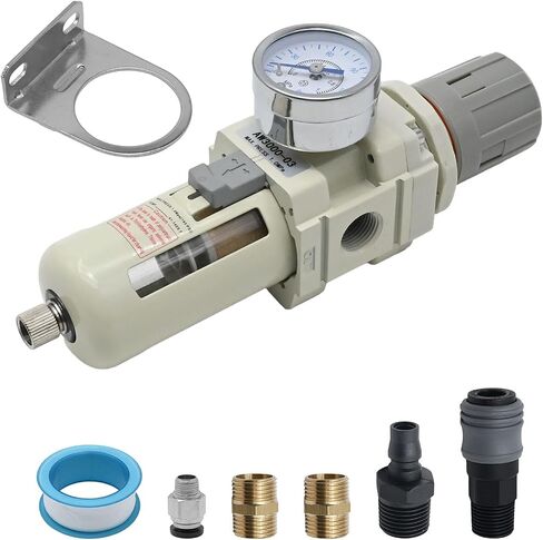 3/8 in. NPT Compressed Air Filter Regulator, Air Compressor Water Separator Combo Piggyback, 5 Micron Brass Element, 0-150 psi Gauge W/Air Coupler＆ Plug Kit, Thread Seal Tape in Saudi Arabia