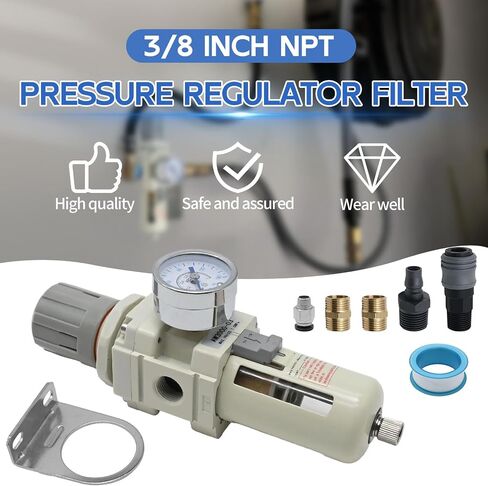 3/8 in. NPT Compressed Air Filter Regulator, Air Compressor Water Separator Combo Piggyback, 5 Micron Brass Element, 0-150 psi Gauge W/Air Coupler＆ Plug Kit, Thread Seal Tape in Saudi Arabia