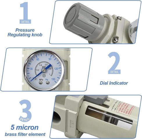 3/8 in. NPT Compressed Air Filter Regulator, Air Compressor Water Separator Combo Piggyback, 5 Micron Brass Element, 0-150 psi Gauge W/Air Coupler＆ Plug Kit, Thread Seal Tape in Saudi Arabia
