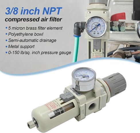 3/8 in. NPT Compressed Air Filter Regulator, Air Compressor Water Separator Combo Piggyback, 5 Micron Brass Element, 0-150 psi Gauge W/Air Coupler＆ Plug Kit, Thread Seal Tape in Saudi Arabia