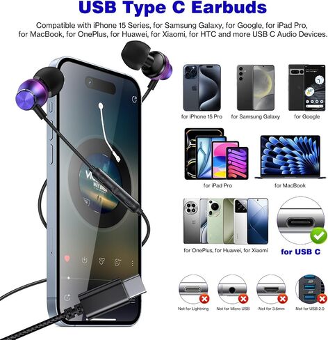 سماعات أذن USB C OOOYA USB من النوع C سلكية لهاتف Samsung Galaxy S23 FE Fold Flip5 A54 S22 Ultra S21 S20 HiFi ستيريو داخل الأذن مع ميكروفون لهاتف iPhone 15 Pro iPad 10 Mini 6 Air 5th Pixel 8 7 OnePlus in Kuwait