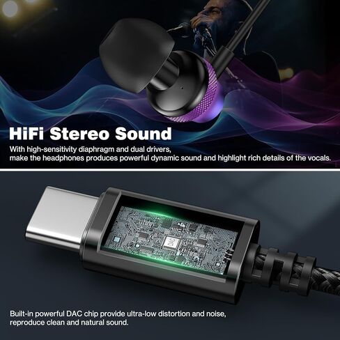 سماعات أذن USB C OOOYA USB من النوع C سلكية لهاتف Samsung Galaxy S23 FE Fold Flip5 A54 S22 Ultra S21 S20 HiFi ستيريو داخل الأذن مع ميكروفون لهاتف iPhone 15 Pro iPad 10 Mini 6 Air 5th Pixel 8 7 OnePlus in Kuwait