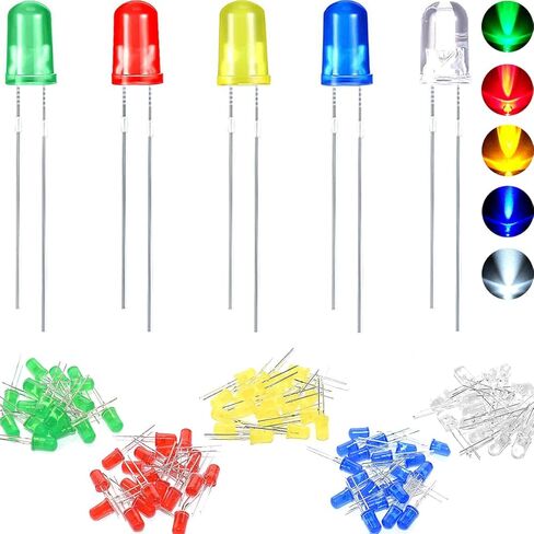 100 قطعة LED صمام ثنائي 5 مم LED صمام ثنائي باعث للضوء 2pin RoundIn-line LED Bead Assembly مزيج الألوان (الأحمر والأصفر والأزرق والأخضر والأبيض 5 ألوان) in Kuwait