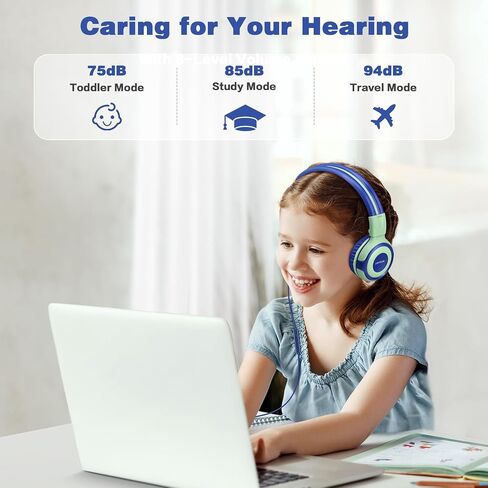 SIMOLIO Manyshare Series- Wired Kids Headphones with Microphone for School, 75/85/94 dB Volume Limit for Girls Tablet iPad PC, Corded Pink Headsets w/Share Port & Carry Bag for Travel Airplane Gaming in Kuwait
