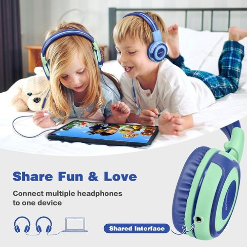 SIMOLIO Manyshare Series- Wired Kids Headphones with Microphone for School, 75/85/94 dB Volume Limit for Girls Tablet iPad PC, Corded Pink Headsets w/Share Port & Carry Bag for Travel Airplane Gaming in Kuwait
