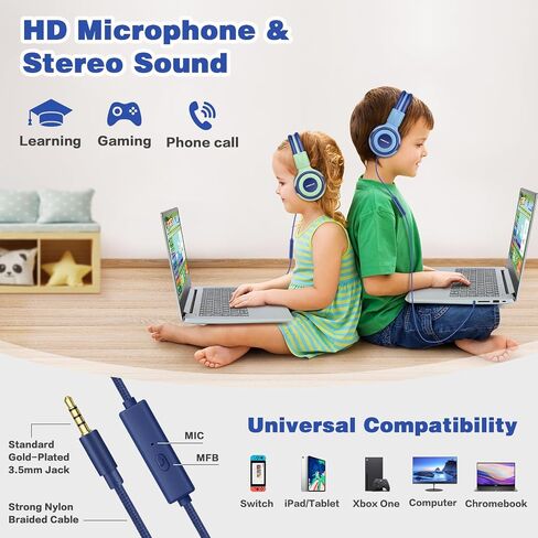SIMOLIO Manyshare Series- Wired Kids Headphones with Microphone for School, 75/85/94 dB Volume Limit for Girls Tablet iPad PC, Corded Pink Headsets w/Share Port & Carry Bag for Travel Airplane Gaming in Kuwait