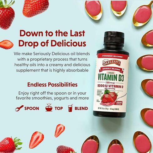 فيتامين د السائل من بارلين، 5000 وحدة دولية د3، بنكهة ميلك شيك الفراولة للأطفال والكبار، أقصى قدر من الامتصاص، خالي من الكائنات المعدلة وراثيًا، خالي من الغلوتين - 5.6 أونصة in Kuwait