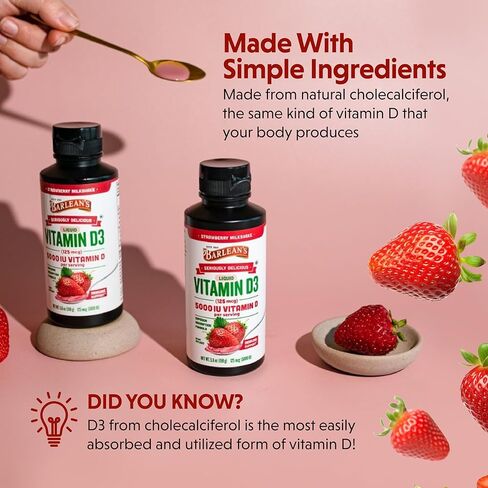 فيتامين د السائل من بارلين، 5000 وحدة دولية د3، بنكهة ميلك شيك الفراولة للأطفال والكبار، أقصى قدر من الامتصاص، خالي من الكائنات المعدلة وراثيًا، خالي من الغلوتين - 5.6 أونصة in Kuwait