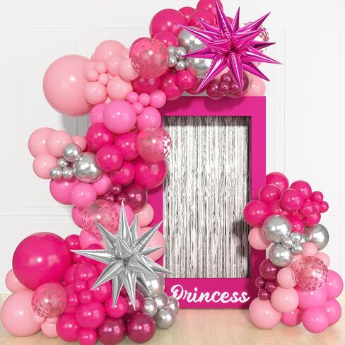 145Pcs Princess Pink Balloon Garland Arch Kit, Hot Pink Confetti 4D Star Lipstick Kiss Bow Balloons for Girls Women Wedding Bridal Baby Shower Makeup Bachelorette Princess Birthday Party Decorations in Kuwait