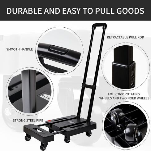 Folding Hand Truck Heavy Duty Folding Hand Truck Dolly with 4 Universal Wheels and 3 Swivel Wheels - Luggage Cart Transport Solution for Moving,Travel,Shopping Use,Black in Saudi Arabia