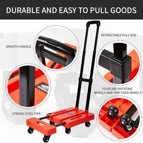 Folding Hand Truck Heavy Duty Folding Hand Truck Dolly with 4 Universal Wheels and 3 Swivel Wheels - Luggage Cart Transport Solution for Moving,Travel,Shopping Use,Black in Kuwait