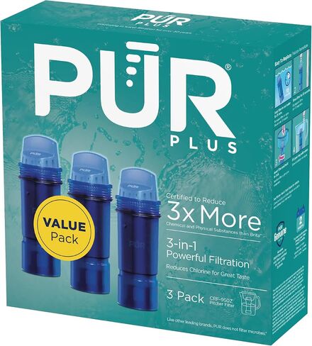 فلتر بديل لإبريق الماء وموزع PUR PLUS، 3 عبوات، فلتر PUR أصلي، ترشيح قوي 3 في 1 لمزيد من تقليل المواد الكيميائية والفيزيائية، قيمة 6 أشهر، أزرق (CRF950Z3) in Saudi Arabia