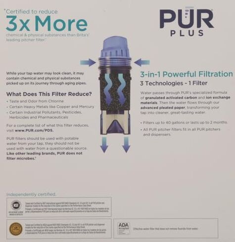 فلتر بديل لإبريق الماء وموزع PUR PLUS، 3 عبوات، فلتر PUR أصلي، ترشيح قوي 3 في 1 لمزيد من تقليل المواد الكيميائية والفيزيائية، قيمة 6 أشهر، أزرق (CRF950Z3) in Saudi Arabia