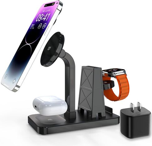 محطة شحن 4 في 1 وشاحن 20 وات، شاحن لاسلكي مغناطيسي سريع، حامل آمن قابل للتعديل لهاتف iPhone 15 14 13 12 Pro/Pro Max/Plus/Mini AirPods 2/3/Pro iWatch Ultra/8/7/SE/6/5 /4/3/2 آيباد in Kuwait