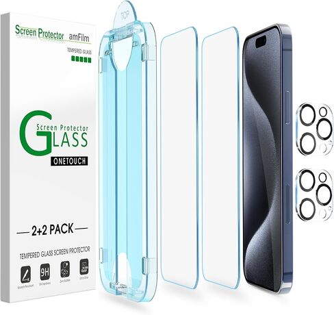 amFilm OneTouch 2+2 Pack Compatible with iPhone 15 Pro Screen Protector 6.1" Tempered Glass with Camera Lens Protector Accessories, Premium Easiest Installation Kit 9H HD, Case Friendly in Saudi Arabia