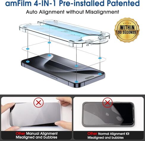 amFilm OneTouch 2+2 Pack Compatible with iPhone 15 Pro Screen Protector 6.1" Tempered Glass with Camera Lens Protector Accessories, Premium Easiest Installation Kit 9H HD, Case Friendly in Saudi Arabia