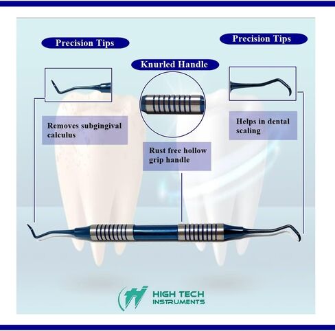 Dental Curette 204S with Hollow Handle, Blue Titanium Coated Professional Teeth Cleaning Calculus Remover Periodontal Scalers - Stainless Steel for Oral Care Double Ended Tips & Knurled Grip in Saudi Arabia