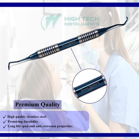 Dental Curette 204S with Hollow Handle, Blue Titanium Coated Professional Teeth Cleaning Calculus Remover Periodontal Scalers - Stainless Steel for Oral Care Double Ended Tips & Knurled Grip in Saudi Arabia