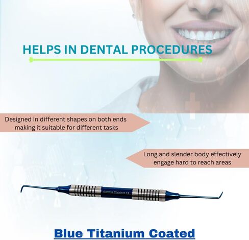 Dental Curette 204S with Hollow Handle, Blue Titanium Coated Professional Teeth Cleaning Calculus Remover Periodontal Scalers - Stainless Steel for Oral Care Double Ended Tips & Knurled Grip in Saudi Arabia