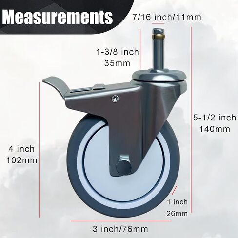 3 Inch Stem Casters Wheels, 7/16inch x 1-3/8inch (Stem Diameter 7/16inch, Stem Length 1-3/8inch) Casters Set of 4, Caster Wheels Shelving with Brake, Replacement Casters for Workbench Trolley in Saudi Arabia