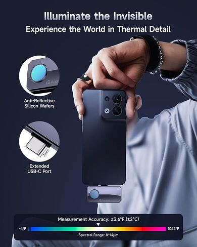 كاميرا FOXWELL RT100 الحرارية للهواتف الذكية التي تعمل بنظام Android، كاميرا تصوير حراري بدقة 256 × 192 بالأشعة تحت الحمراء، تصوير حراري لفحص تسرب المنزل/السيارات، دقة درجة حرارة محسنة، معدل إعادة الإطار 25 هرتز in Kuwait