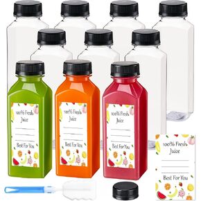 BOOMIBOO Juice Bottles with Caps 10Pcs 12oz, Plastic Bottleswith Caps, Clear Reusable Water Bottle, Used for Juicing Bottles, Smoothie Bottle, Juice Containers - with 10Pcs Labels & Bottle Brush