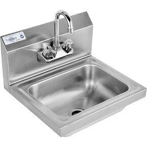 Stainless Steel Sink Commercial Wall Mount Hand Washing Basin NSF Certified, with Gooseneck Faucet and Side Splash Guard, for Restaurants, Stores, Bars and Home, 17" x 15" …