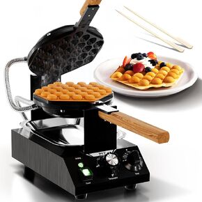 Commercial Waffle Maker - Double Belgian Bubble Waffles Iron, Electric Professional Stainless Steel Hong Kong Egg Puff Machine | 180° Rotating| Non-stick Coating | Crumb Tray | Wooden Handle
