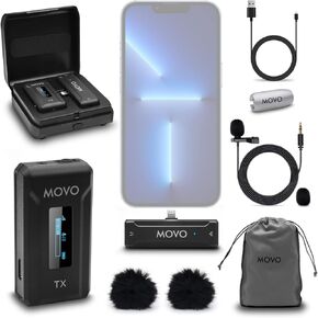 Movo WMX-2-L-DUO Wireless Microphone for iPhone with Charging Case iPhone Wireless Microphone LED Display Wireless Lavalier Microphone for iPhone Lapel Mic Adjustable Gain 328' Range 7HR Battery Life