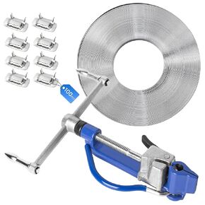 Metal Banding Strapping Tool Kit, Includes Auger-Type Tensioner & Cutter, 3/5" x 100Ft Steel Strap Coil, 100 Steel Buckles, Fit High Tensile Banding and Packing