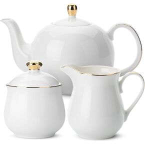 BTaT- 3 Piece Tea Set, Creamer and Sugar and Teapot Set, White Cream and Sugar Bowl and Creamer Set White Teapot Porcelain Teapot, Milk and Sugar Serving Set, Porcelain Tea Pot Ceramic Teapot