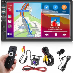 Double Din Car Stereo with Apple CarPlay and Android Auto, 7 Inch HD Touchscreen Car Radio, Bluetooth Car Audio Receivers, Backup Camera, Mirror Link, USB/AUX/TF/FM