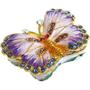 YU FENG Hinged Trinket Boxes Crystal Jeweled Enameled Purple Forget Me Not Flower Butterfly Trinket Jewelry Box for Women Girls