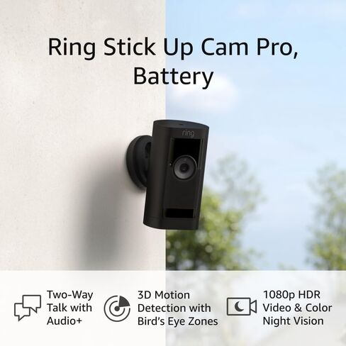 نقدم لكم بطارية Ring Stick Up Cam Pro | التحدث في اتجاهين مع الصوت+، واكتشاف الحركة ثلاثية الأبعاد مع مناطق عين الطائر، وفيديو HDR بدقة 1080 بكسل ورؤية ليلية ملونة (إصدار 2023)، أسود in Kuwait
