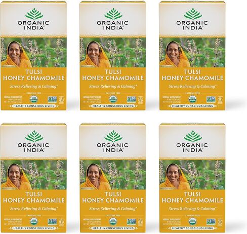 Organic India Tulsi Sweet Rose Herbal Tea - Stress Relieving & Magical, Immune Support, Adaptogen, Vegan, Gluten-Free, USDA Certified Organic, Non-GMO, Caffeine-Free - 18 Infusion Bags, 6 Pack in Kuwait