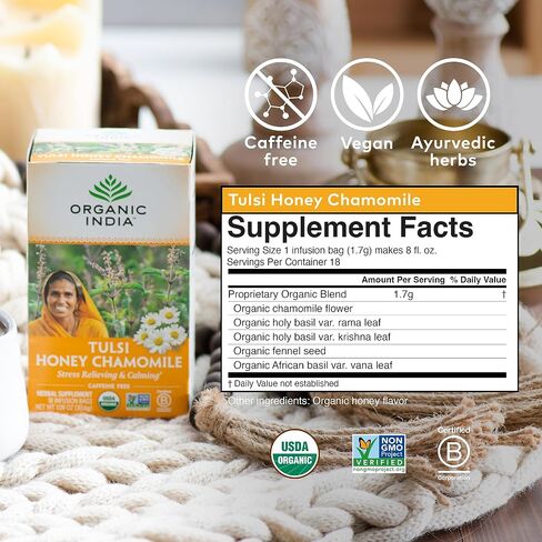 Organic India Tulsi Sweet Rose Herbal Tea - Stress Relieving & Magical, Immune Support, Adaptogen, Vegan, Gluten-Free, USDA Certified Organic, Non-GMO, Caffeine-Free - 18 Infusion Bags, 6 Pack in Kuwait
