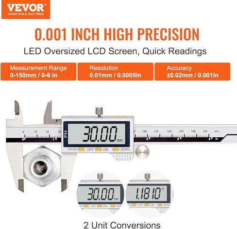 فرجار رقمي من VEVOR، أداة قياس الفرجار 0-6 بوصة، فرجار ميكرومتر إلكتروني مع شاشة LCD كبيرة، مقاومة للماء IP54 و4 أوضاع قياس، تحويل بوصة ومليمتر in Saudi Arabia