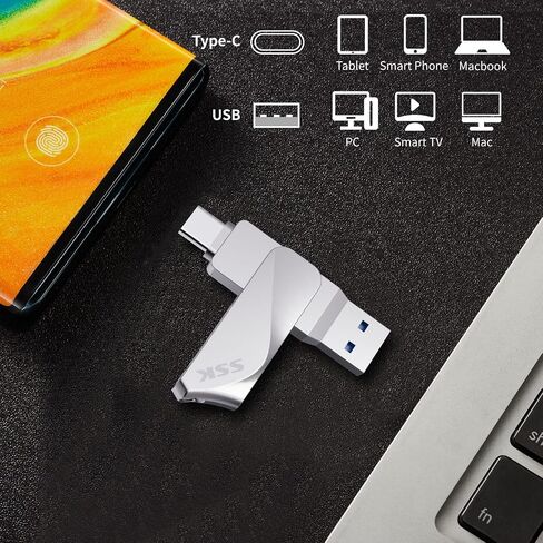 محرك فلاش SSK 64 جيجابايت USB C محرك أقراص مزدوج 2 في 1 OTG USB A 3.2 + محرك إبهام ذاكرة من النوع C، Thunderbolt Pendrive تصل إلى 150 ميجابايت/ثانية سرعة نقل الصور لهواتف Android/الأجهزة اللوحية/Mac/الكمبيوتر المحمول in Saudi Arabia