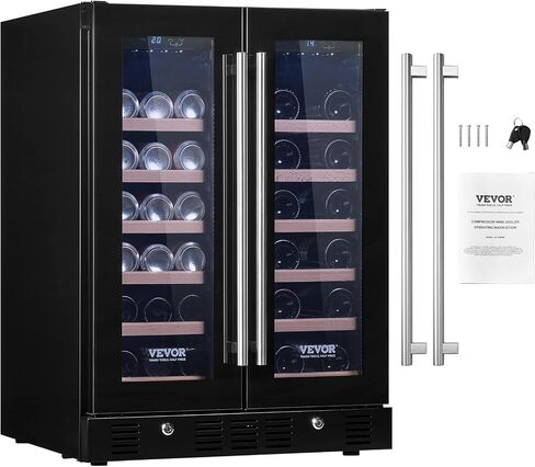 VEVOR 24" Cooler for Wines & Drinks, Holds 78 Cans & 20 Bottles, Dual Zone, Tempered Glass, Digital Temperature Settings, Blue Lighting, Safety Lock, Install Anywhere, ETL Certified in Saudi Arabia