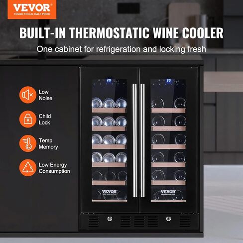 VEVOR 24" Cooler for Wines & Drinks, Holds 78 Cans & 20 Bottles, Dual Zone, Tempered Glass, Digital Temperature Settings, Blue Lighting, Safety Lock, Install Anywhere, ETL Certified in Saudi Arabia