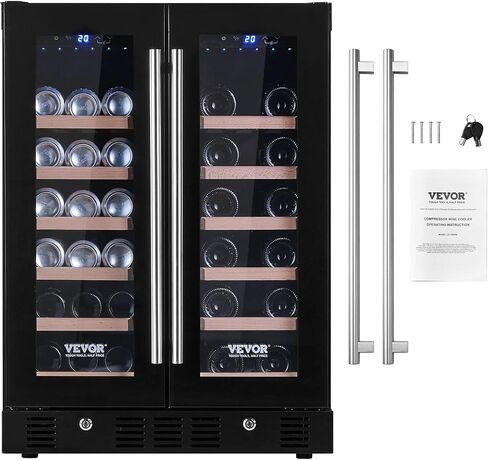 VEVOR 24" Cooler for Wines & Drinks, Holds 78 Cans & 20 Bottles, Dual Zone, Tempered Glass, Digital Temperature Settings, Blue Lighting, Safety Lock, Install Anywhere, ETL Certified in Saudi Arabia