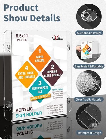 حامل لافتة نافذة أكريليك NIUBEE مقاس 8.5 × 11 بوصة مع 4 أكواب شفط لتركيب جدار النافذة الزجاجية، إطار صورة ترويجي لمتجر المكتب لعرض الإعلانات للمول والمكتب والمنزل والمطاعم (6 عبوات) in Saudi Arabia