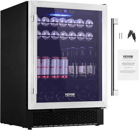 VEVOR 24" Cooler for Wines & Drinks, Holds 78 Cans & 20 Bottles, Dual Zone, Tempered Glass, Digital Temperature Settings, Blue Lighting, Safety Lock, Install Anywhere, ETL Certified in Saudi Arabia