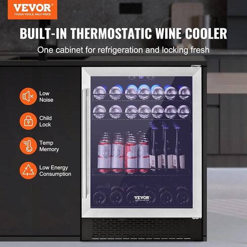 VEVOR 24" Cooler for Wines & Drinks, Holds 78 Cans & 20 Bottles, Dual Zone, Tempered Glass, Digital Temperature Settings, Blue Lighting, Safety Lock, Install Anywhere, ETL Certified in Saudi Arabia
