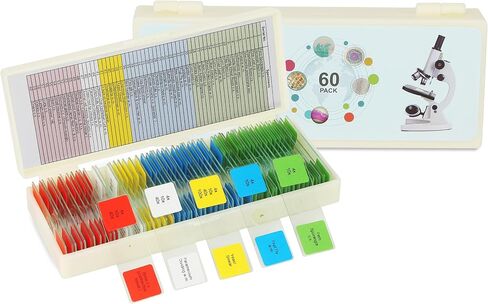Microscope Slides for Kids Ages 8+, 60 Prepared Microscope Slides with Specimens of Animals Plants Microbe Cells and Tissue Anatomy, Customized Prepared Slides for 3rd-8th Grade Kids Students in Saudi Arabia