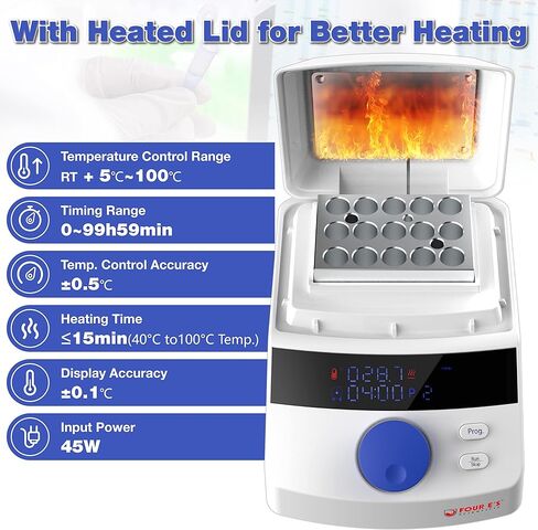 حاضنة حمام جافة رقمية صغيرة من FOUR E'S SCIENTIFIC مع غطاء تسخين، كتلة تسخين 15 × 1.5 مل، ما يصل إلى 5 برامج، درجة حرارة من 5 إلى 100 درجة مئوية، دقة ± 0.5 درجة مئوية in Kuwait