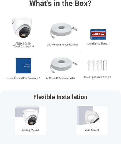 ANNKE C800 2-Pack 4K Ultra HD PoE IP Security Camera AI كشف المركبات البشرية، كاميرا برج خارجية بدقة 8 ميجابكسل مع تسجيل صوتي، عدسة 2.8 مم، زاوية واسعة، رؤية ليلية بالأشعة تحت الحمراء بطول 100 قدم، بطاقة SD تصل إلى 256 جيجابايت in Kuwait